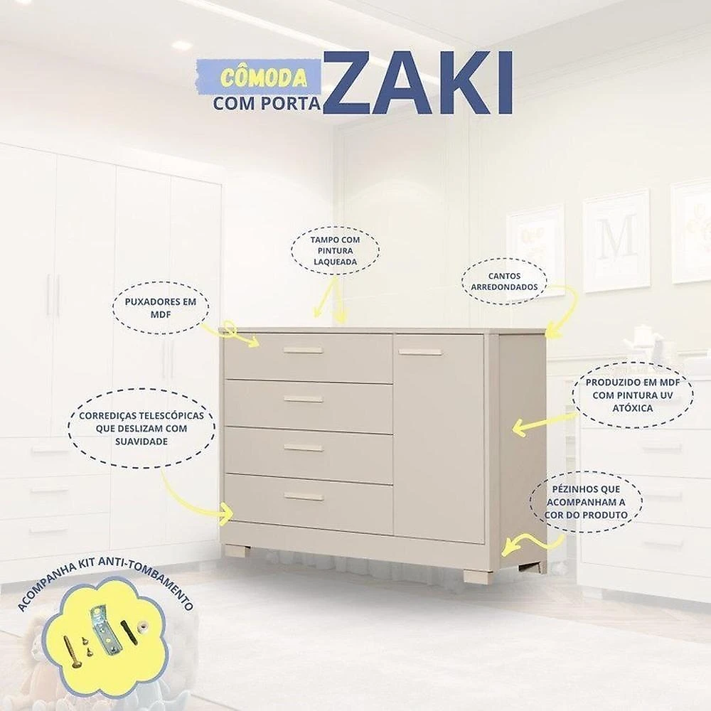 Quarto Completo Zaki com Berço 3 em 1 Katatau Branco Fosco