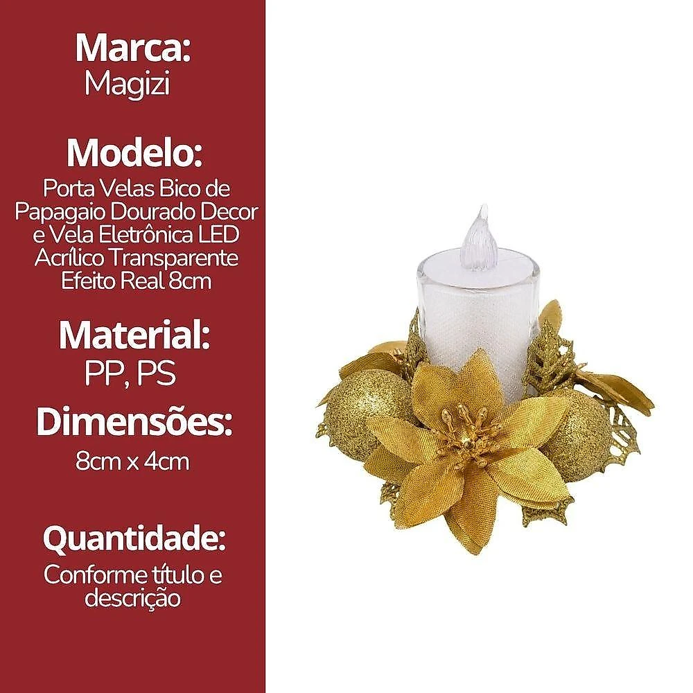 Porta Velas Castiçal Bico de Papagaio 2 em 1 Dourado com Vela Eletrônica LED Yangzi
