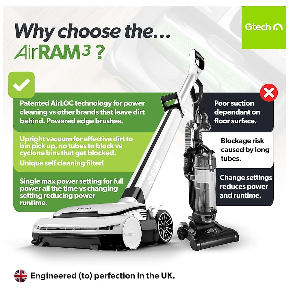 Aspirador de Pó Sem Fio Gtech AirRAM 3 com Barra Antienrosco de Cabelo e Duplos Pincéis EdgeClean - Para Carpetes e Pisos de Madeira - Bateria