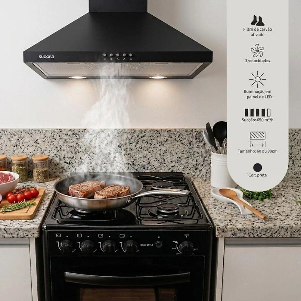 Coifa de Parede Piramidal Suggar TP0160PT 60CM Preto LED 220V