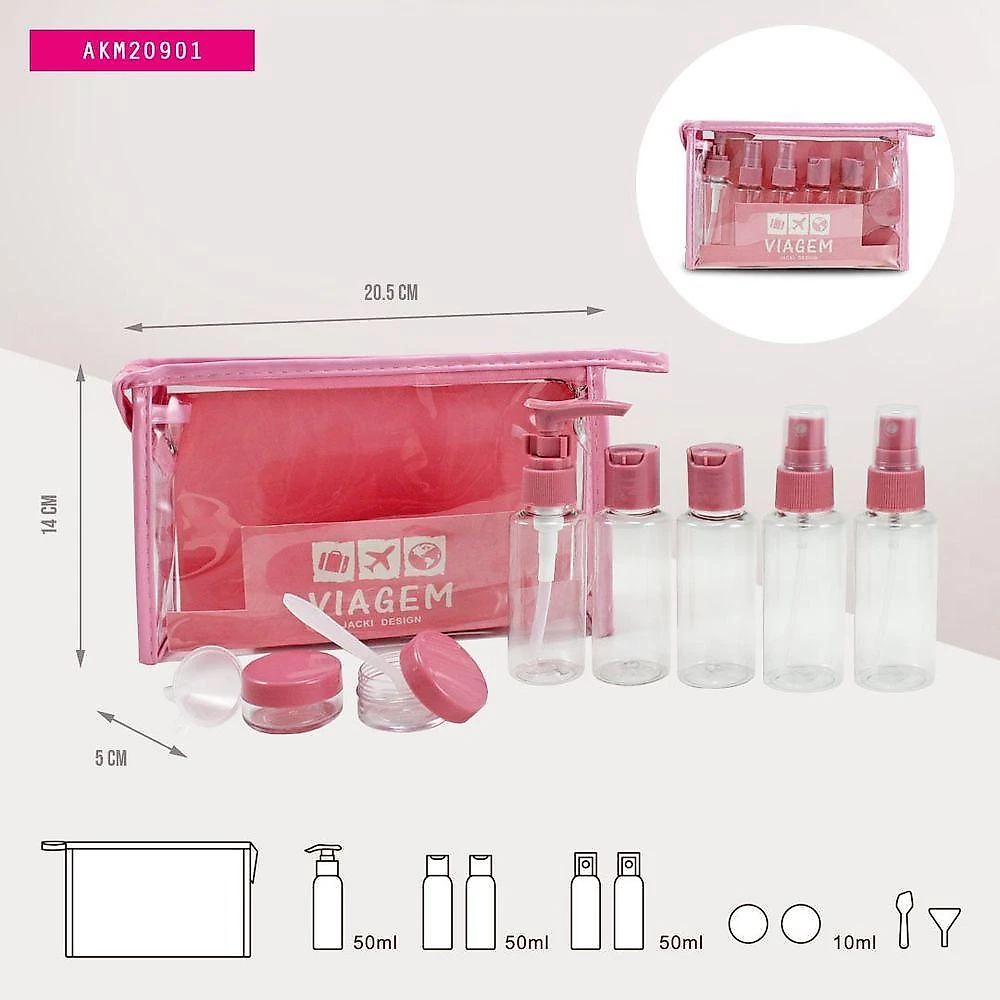 Kit Mala De Bordo, Bolsa Transparente E Frascos De Viagem De 10 Peças Rosa