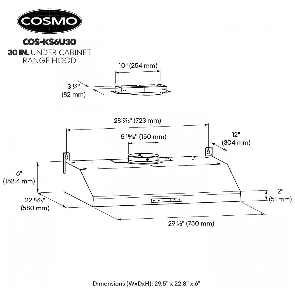 Coifa Sob Armário COSMO COS-KS6U30 Aço Inox Escovado 850 m³/h 3 Velocidades Touch LED 110V, 74,9cm