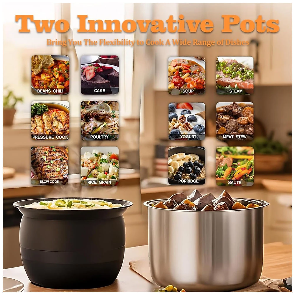 Panela de Pressão Elétrica Fullwill 6 litros Dual Pots, 12 em 1 MultiFunção com Panelas de Cerâmica e Aço Inoxidável 304, Cozinha à Pressão, Sopas