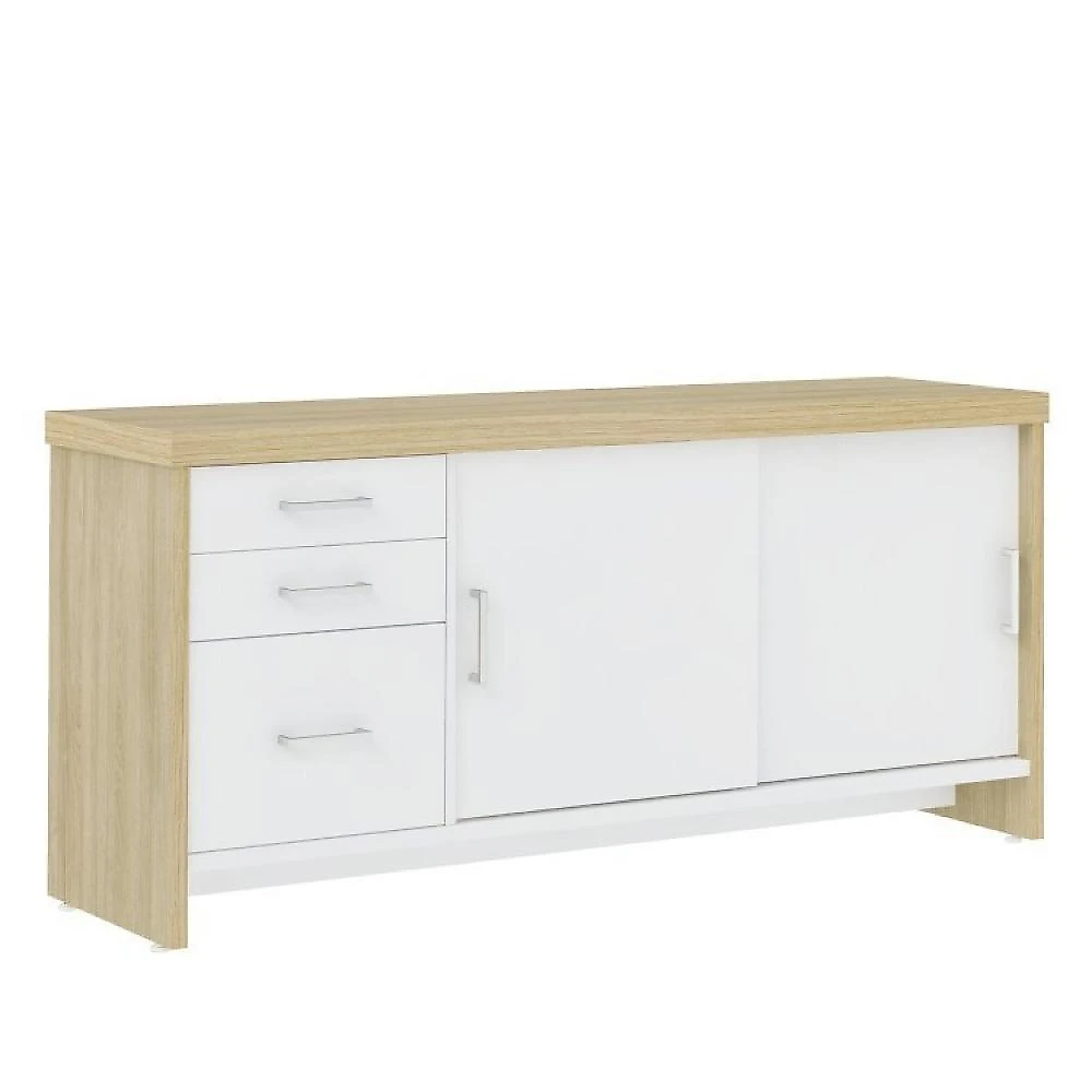 Kit 2 Peças 1 Mesa 180cm Tamburato 4 Gavetas com Balcão 2 Portas 3 Gavetas Escritório Completo 1 Mesa 4 Gavetas com Balcão 2 Portas 3 Gavetas Artany Carvalho/Branco