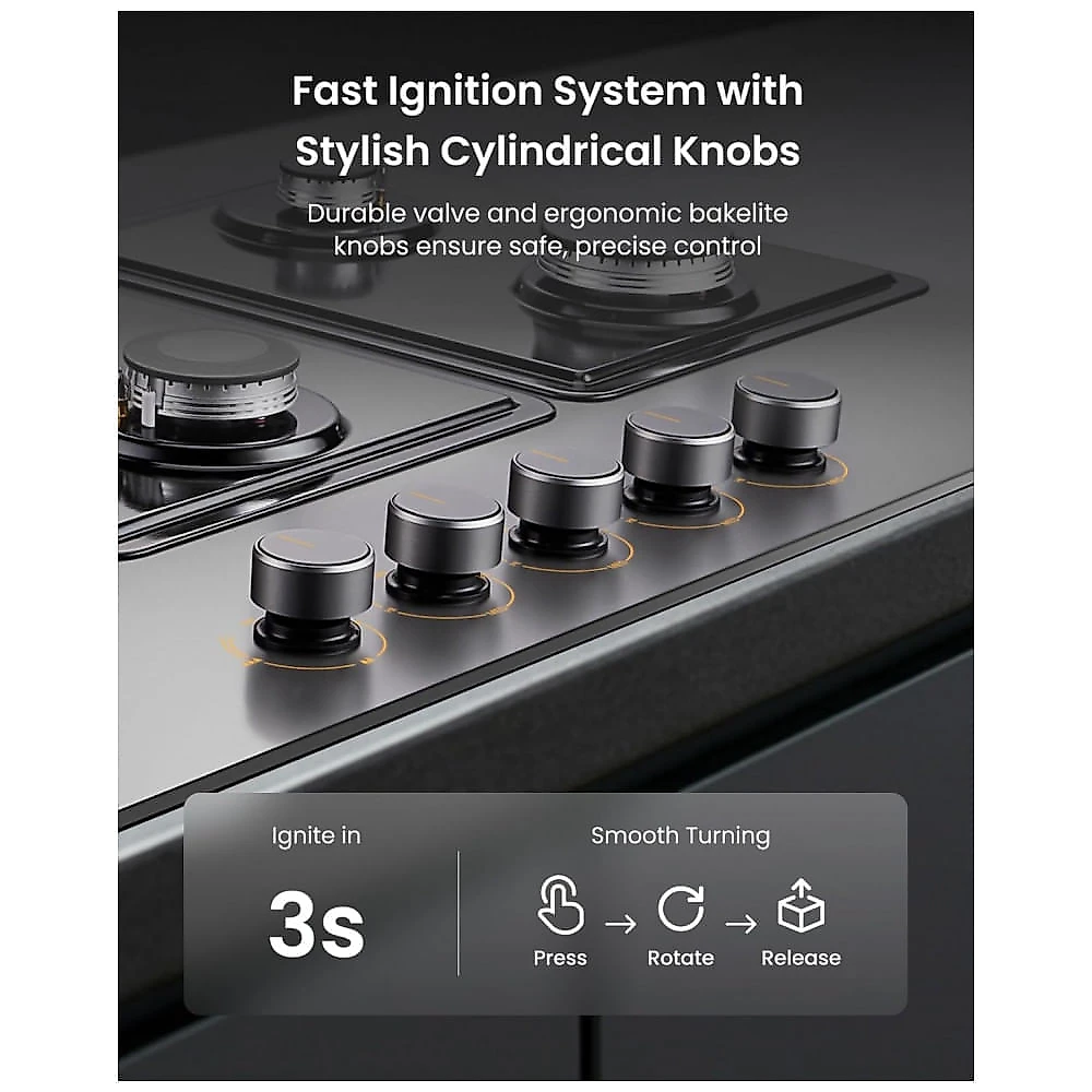 Cooktop a gás 5 queimadores Fotile vidro temperado cinza Moonshadow queimador triplo 18.000 BTU layout em losango 110V
