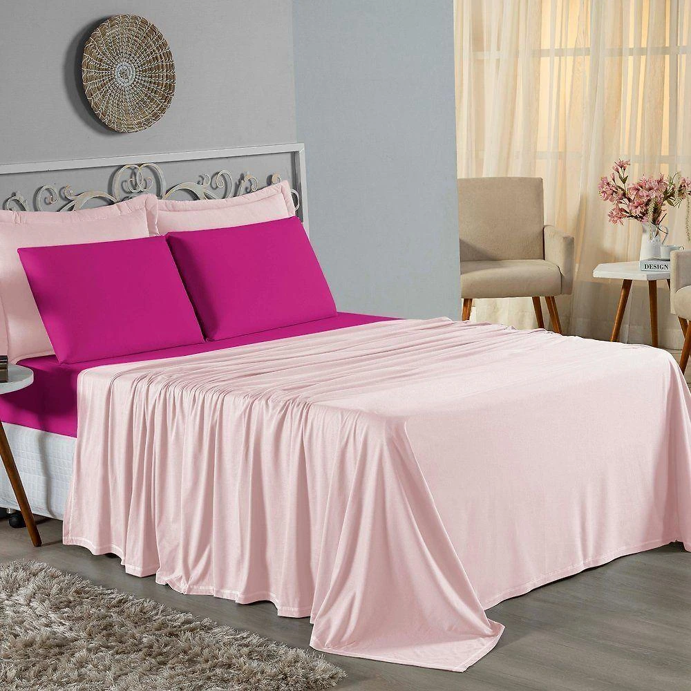 Jogo De Cama Casal Viúva Nobre 4 Peças Malha 100% Algodão - Rosa / Pink