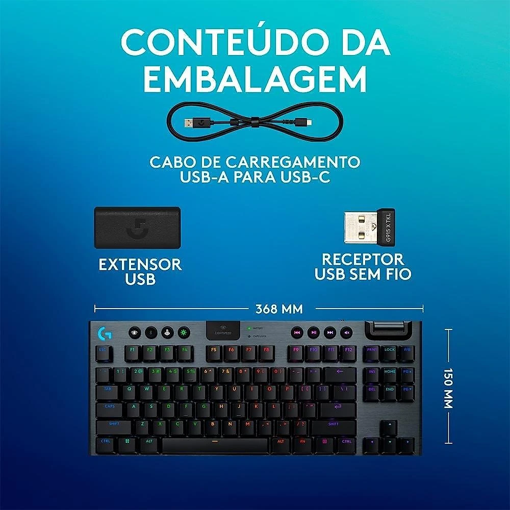 Teclado Mecânico Gamer Sem Fio Logitech G915 X Lightspeed, Design TKL RGB Lightsync, USB ou Bluetooth e Switch GL Tactile, Preto - 920-012715