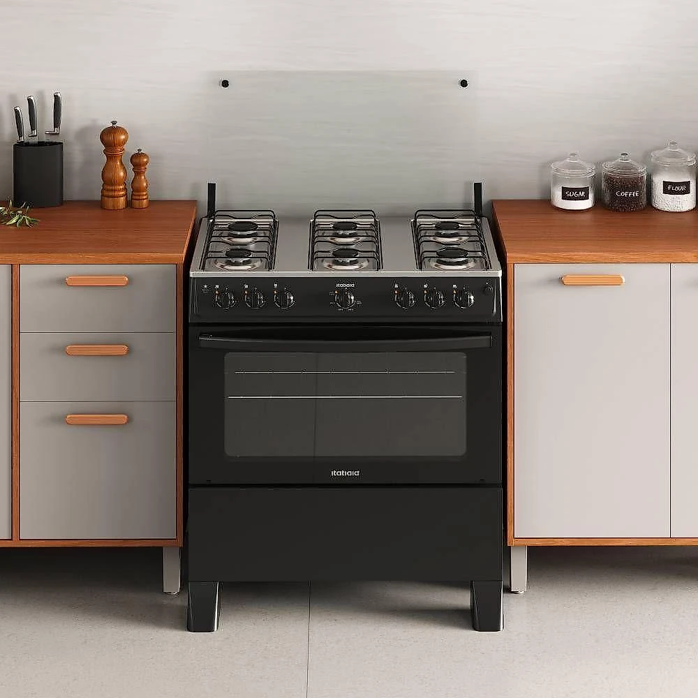Fogão itatiaia star new piso 6 bocas preto mesa de inox bivolt 3700000474