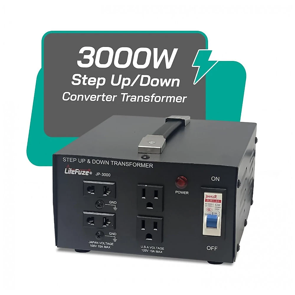 Transformador (Conversor) de Voltagem Japonês LiteFuze 3000W eleva/reduz 100V para 120V/120V para 100V com fusível e aterramento CE JP-3000.