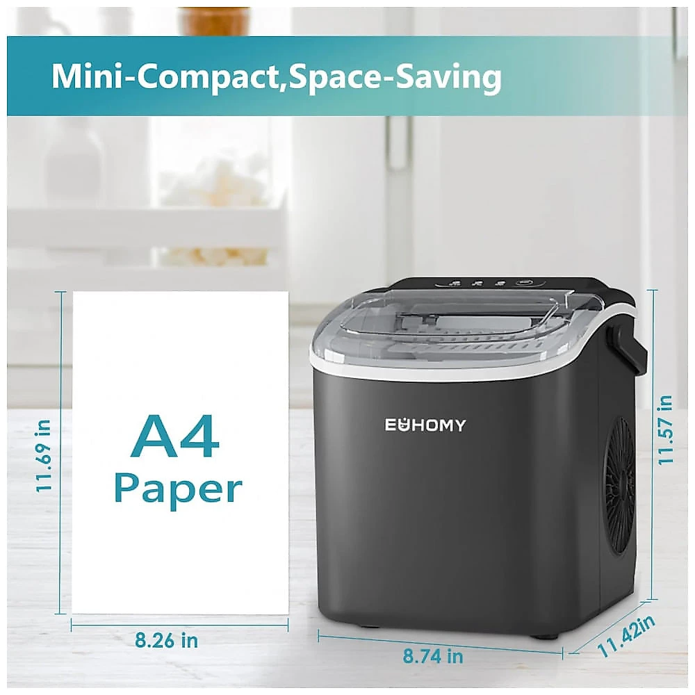 Máquina de Gelo até 11 kg em 24H Portátil com Limpeza Automática, 110V 170W, EUHOMY, Preta