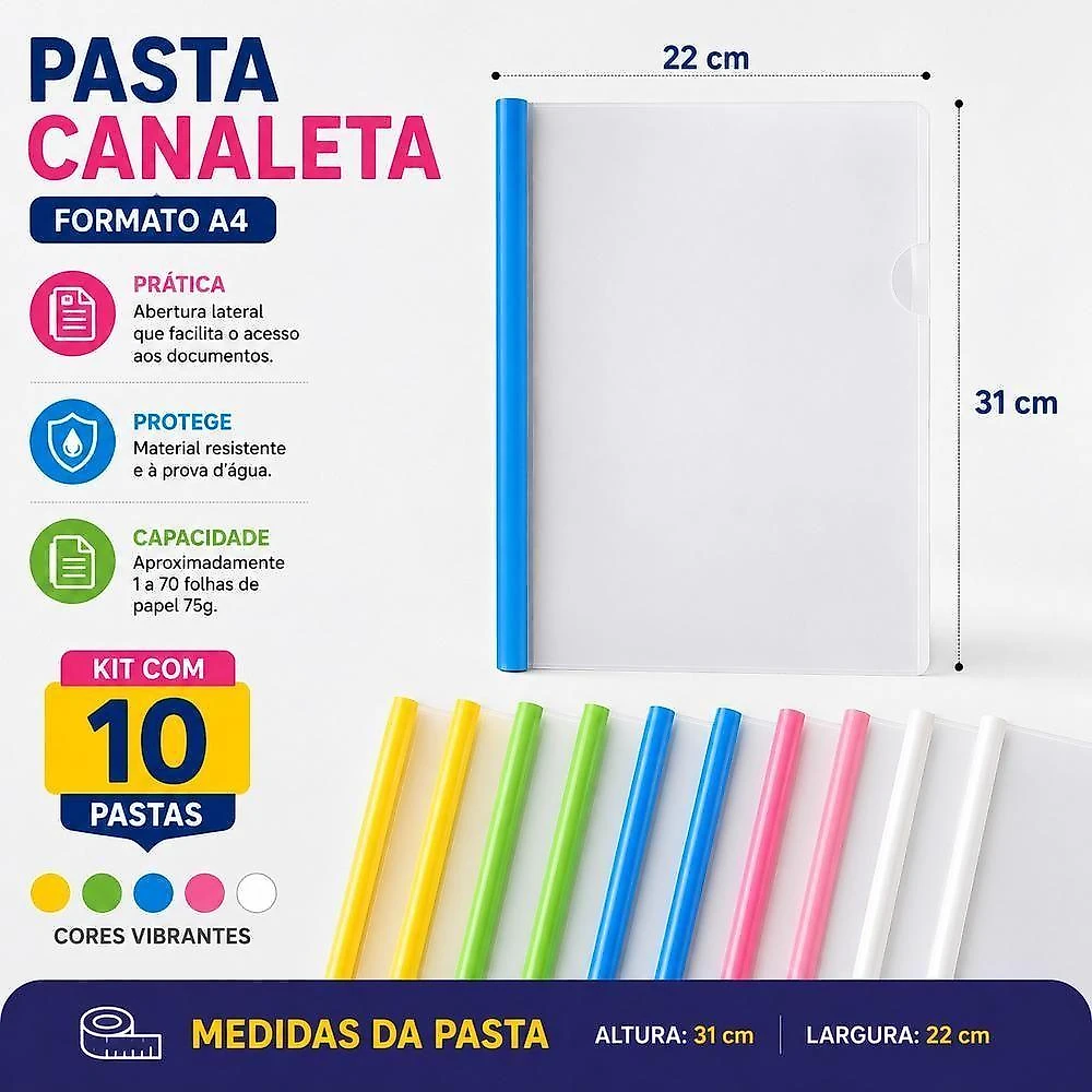 Pasta Canaleta A4 Cristal Kit 10 31X22CM com Canaleta Deslizante Transparente