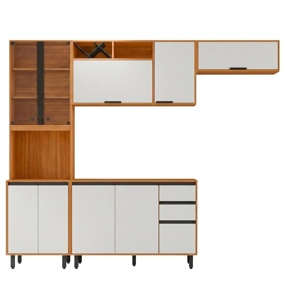 Cozinha Modulada Ravena 4 Módulos sem Porta sem Gaveta MDP 260CM Freijo Off Acetinado Poliman Móveis