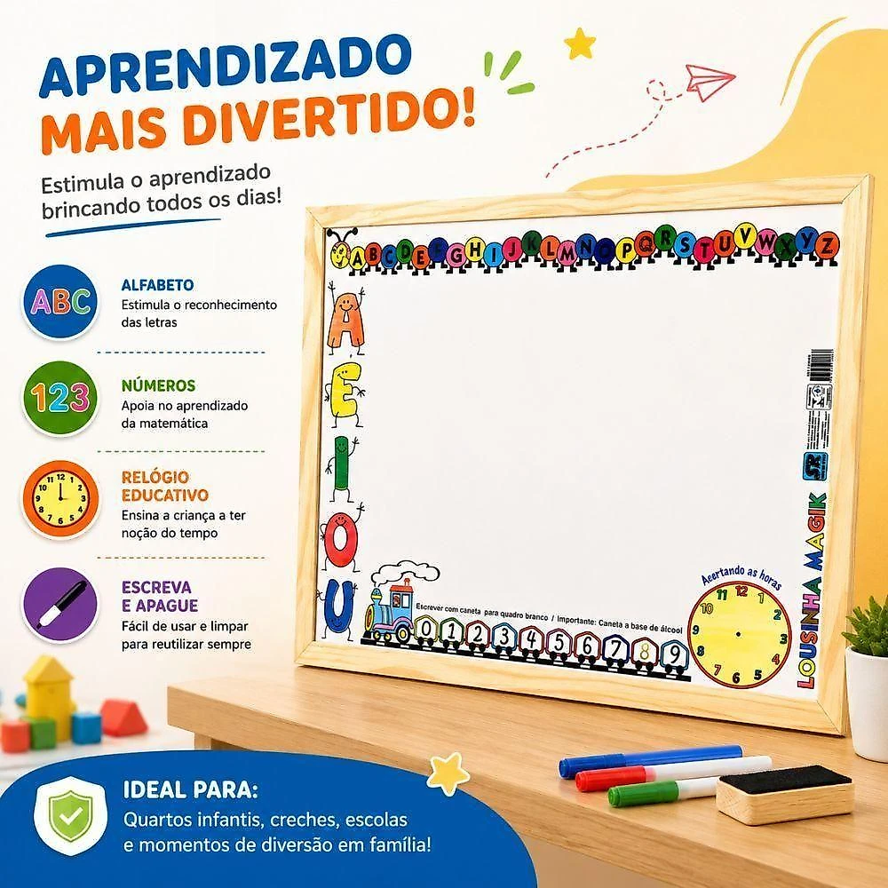Quadro Branco Infantil Lousa Magik Branca Educativa Letras Numeros Relogio Madeira Yeet