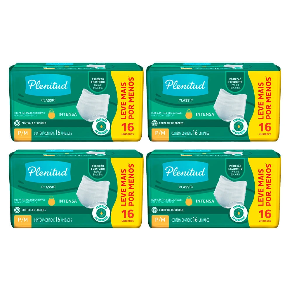 Kit 4 Roupa Íntima Plenitud Classic Tamanho P/M 16 Unidades cada