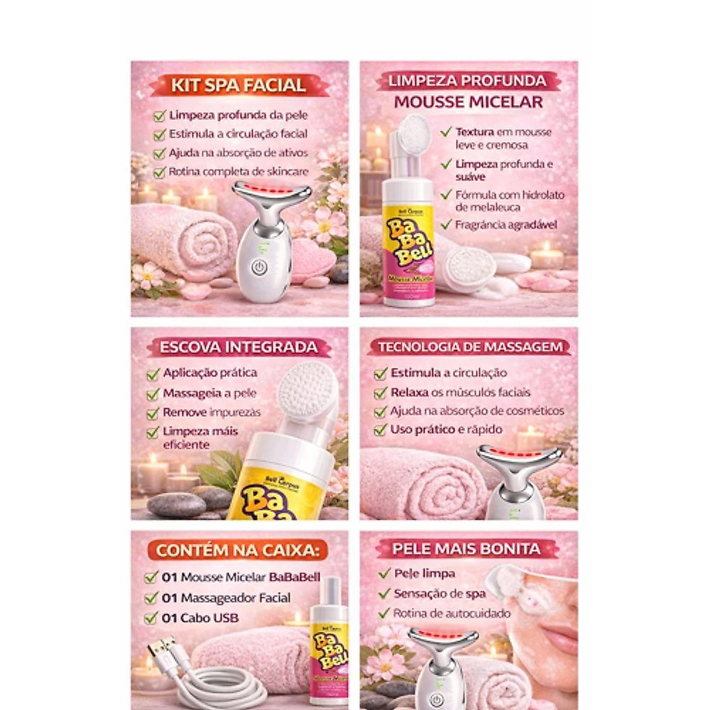 Kit Spa Facial Mousse Micelar Bababell + Massageador Facial