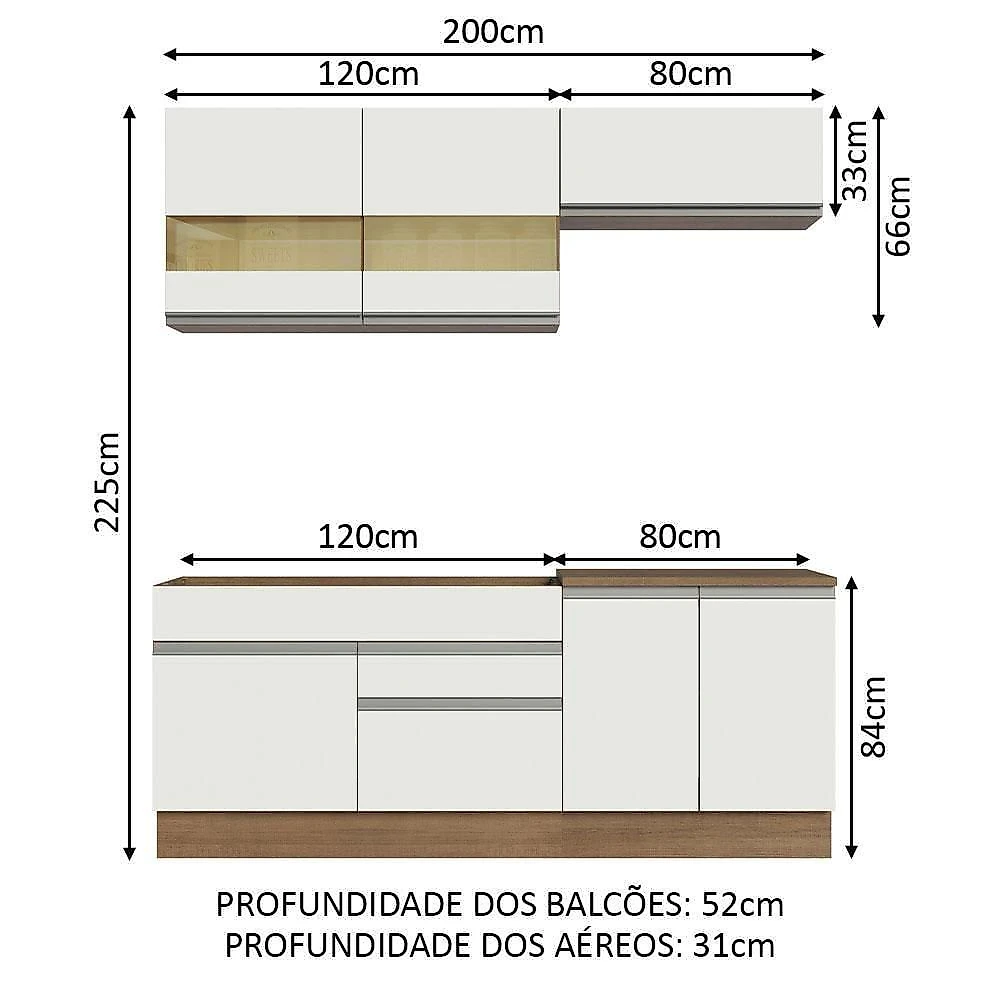 Armário De Cozinha Completa 200cm Rustic/branco Glamy Madesa 07 Rustic/branco