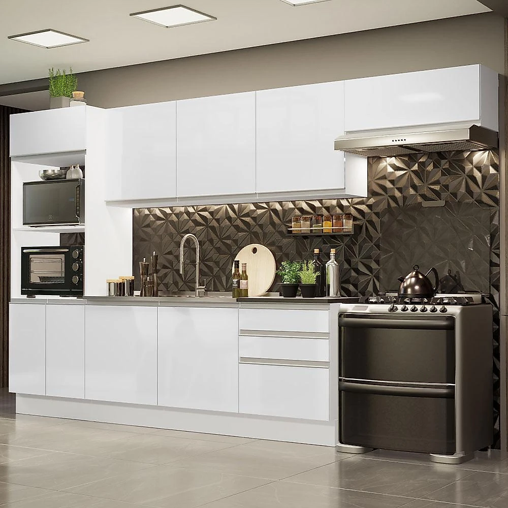 Cozinha completa 100% mdf madesa acordes 330006 com armário e balcão - frentes branco brilho