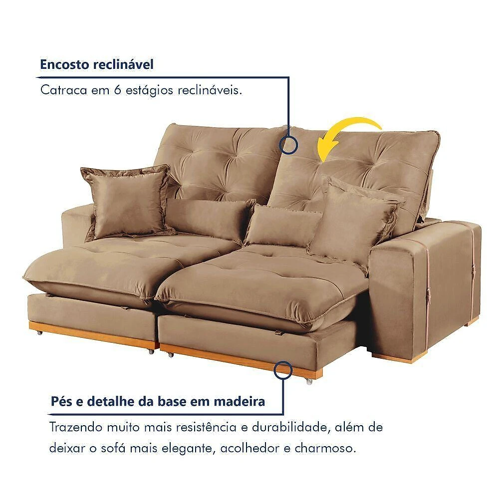 Sofá Milano 3 Lugares Retrátil e Reclinável 210CM Bege Veludo
