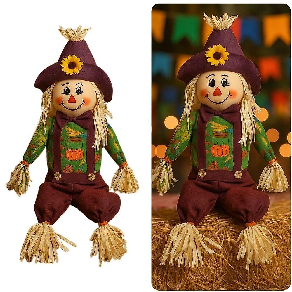 Espantalho Sentado Decorativo Junino de Palha e Madeira 60cm Extra Festas