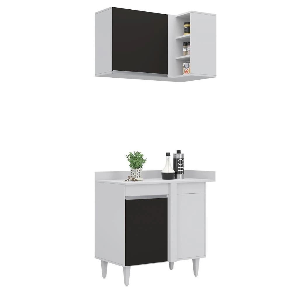 Armário De Cozinha Modulado De Canto Direito 4 Peças Cp38 Balcão Com Tampo Branco/preto - Lumil