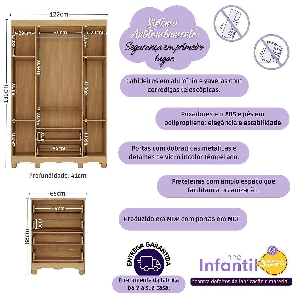 Quarto De Bebê Completo Berço 3 Em 1 P-colchão 130x60cm Aurora Multimóveis MP4556 Madeirado-branco