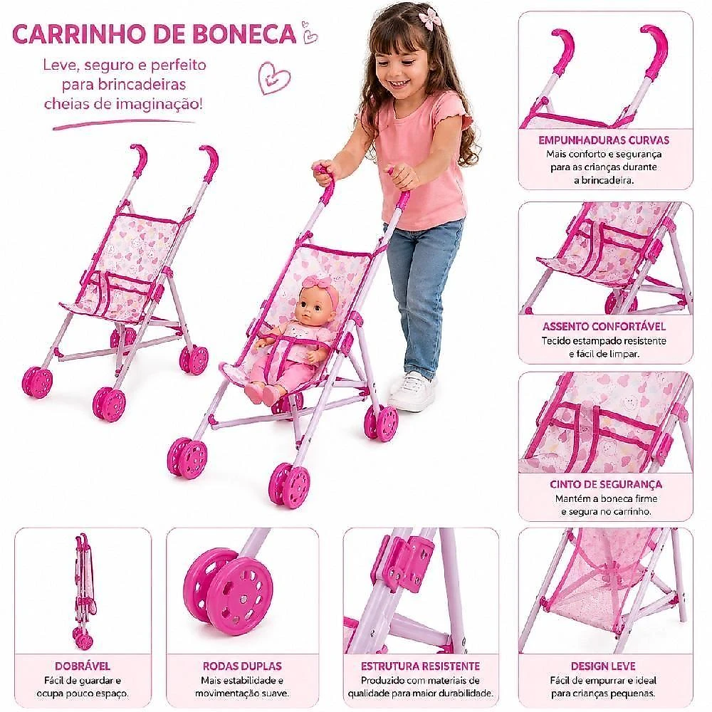 Carrinho de Boneca Dobrável para Passeio com Cadeirinha 4 Rodinhas Rosa Utibom