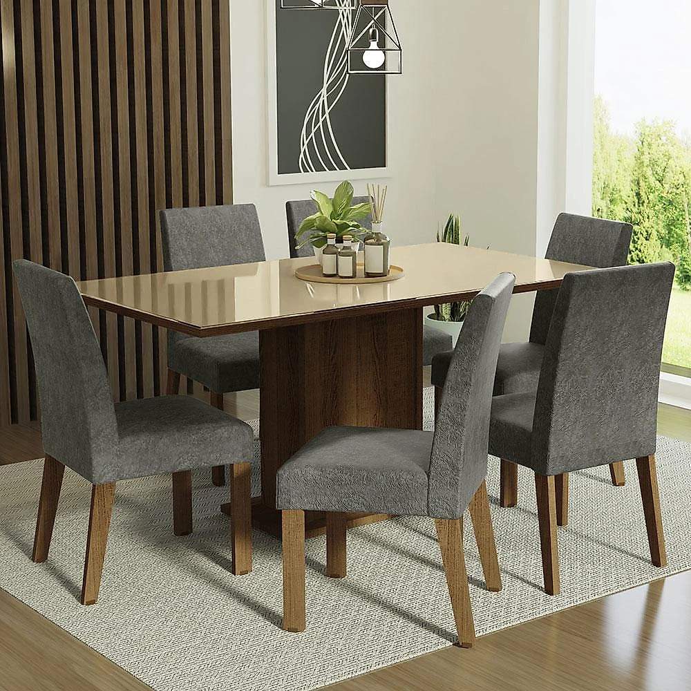 Conjunto sala de jantar mesa tampo de vidro 6 cadeiras rustic/crema/silver alexis madesa