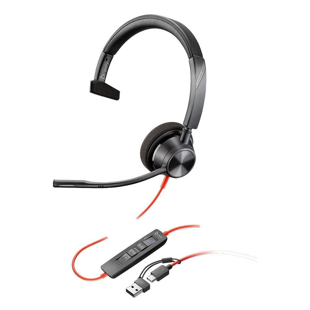 Headset com Fio Poly Blackwire 3310 para Microsoft Teams Usb Type C com Adaptador Usb Type a Preto