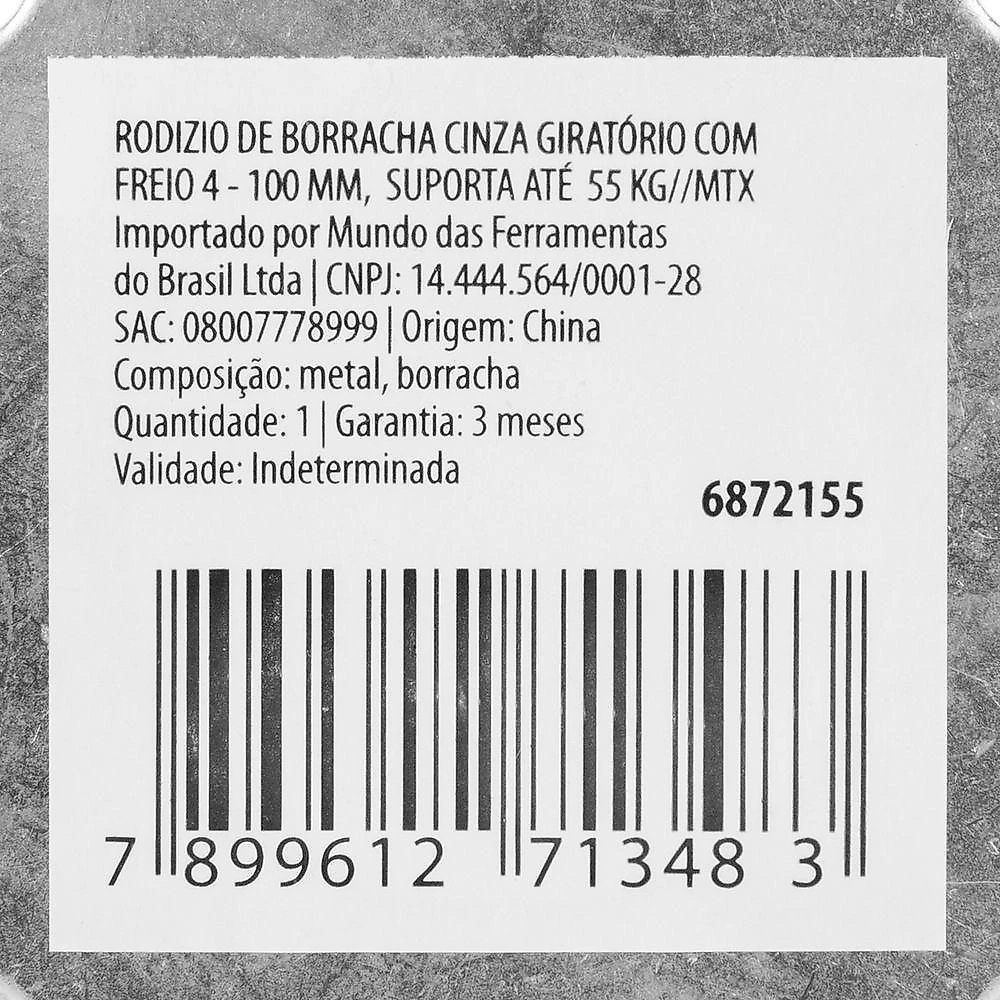 Rodízio Giratório com Freio MTX 6872155 65kg Resistente a UV Preto 100MM
