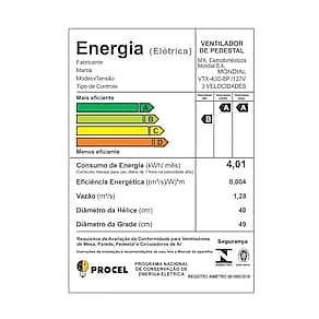 Ventilador de Coluna Mondial VTX-40C-8P 40 cm com 3 Velocidades - Preto 110V