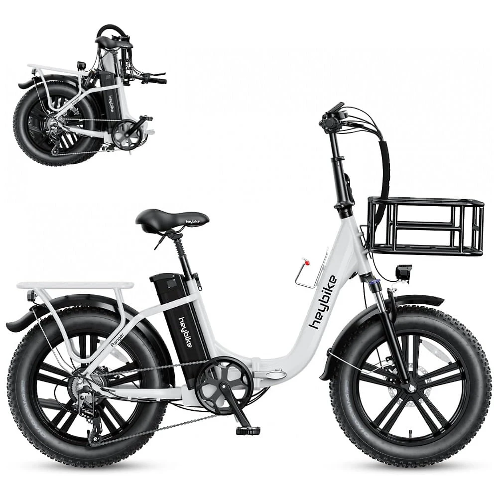 Bicicleta Elétrica Dobrável para Adultos 7 Velocidades até 77km com Amortecedor Duplo e Cesto, 48V 500W, Heybike, Branca