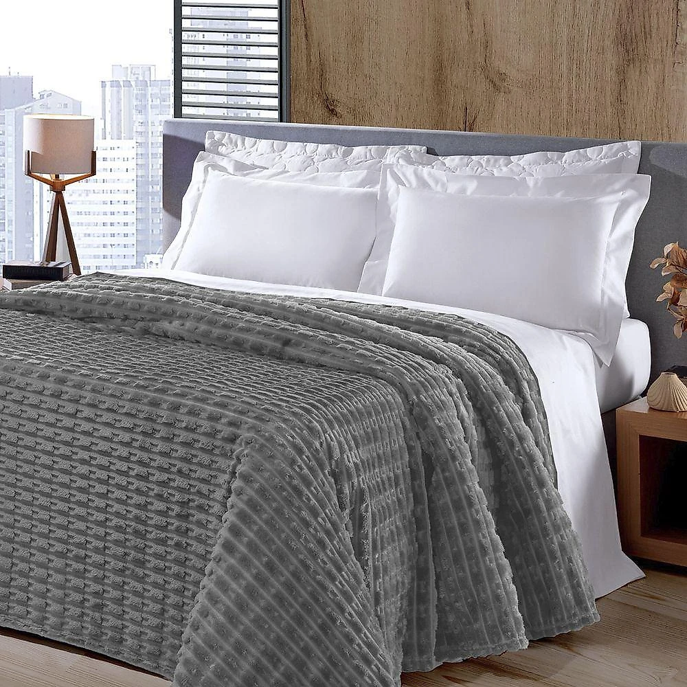 Manta Microfibra Flannel Jacquard Solteiro 100% Poliéster 260g-m2 Cinza Buettner
