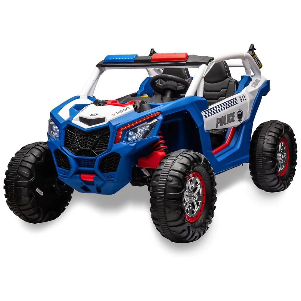 Carro Elétrico Infantil, Jeep da Policia com Controle Remoto, 2 Lugares, 4 Amortecedores, Bancos de Couro, Música e Luzes LED, 24V, Hetoy, Azul e