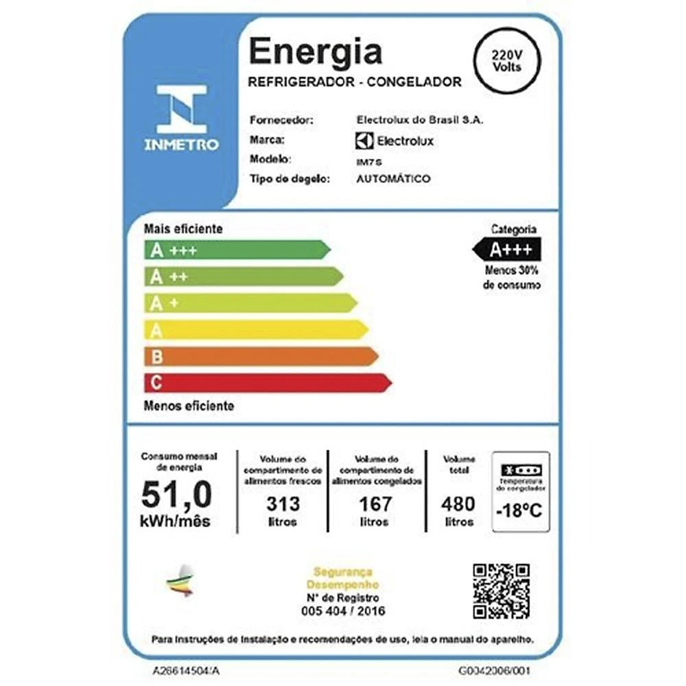 Geladeira Electrolux Frost Free Inverter IM7S 480 Litros, Efficient AutoSense 3 Portas, Inox - 220 Volts Geladeira Electrolux Frost Free Inverter IM7S, 480 Litros, Efficient AutoSense 3 Portas, Inox - 220 Volts