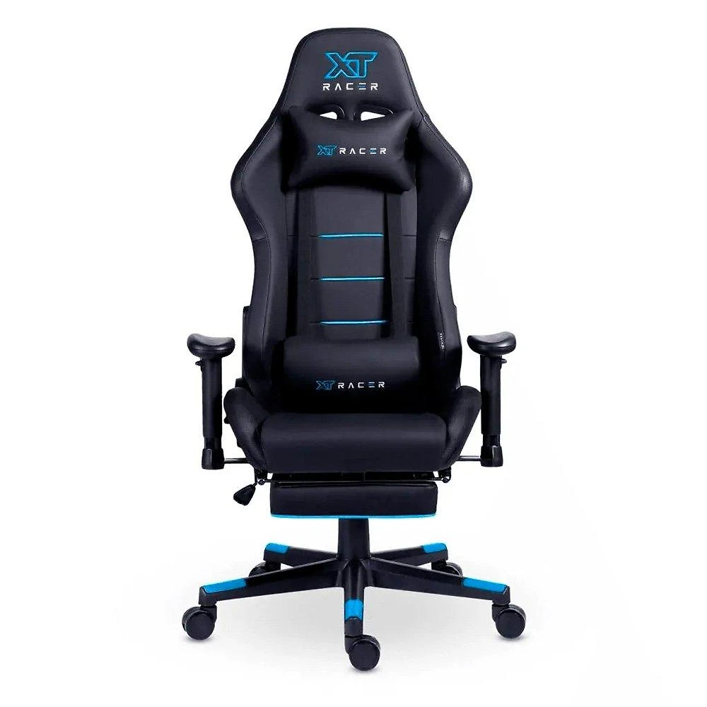 Cadeira Gamer XT Racer Attack, Até 120Kg, Reclinável, Apoio de Pés Retrátil, Cilindro de Gás Classe 4, Couro PU, Preta e Azul - XTR-058