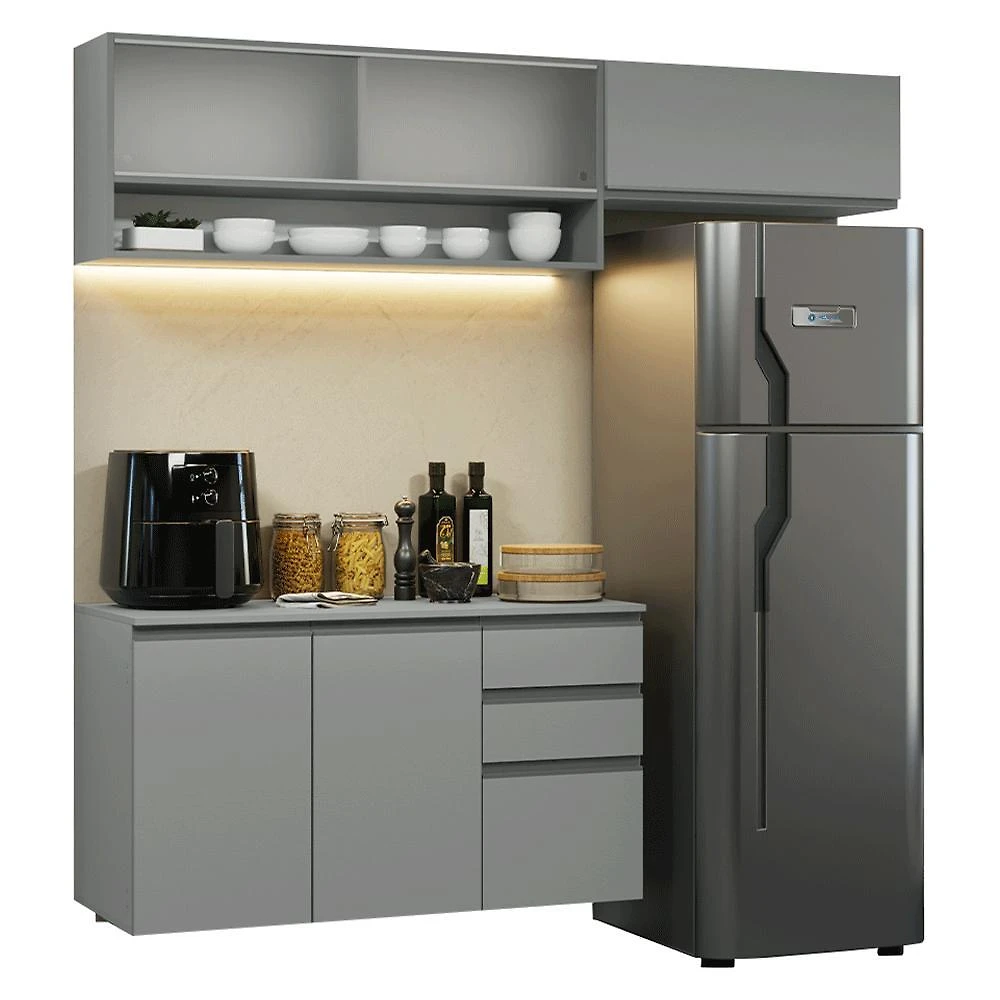 Armário de cozinha compacta suspenso 200cm cinza nice madesa xa11
