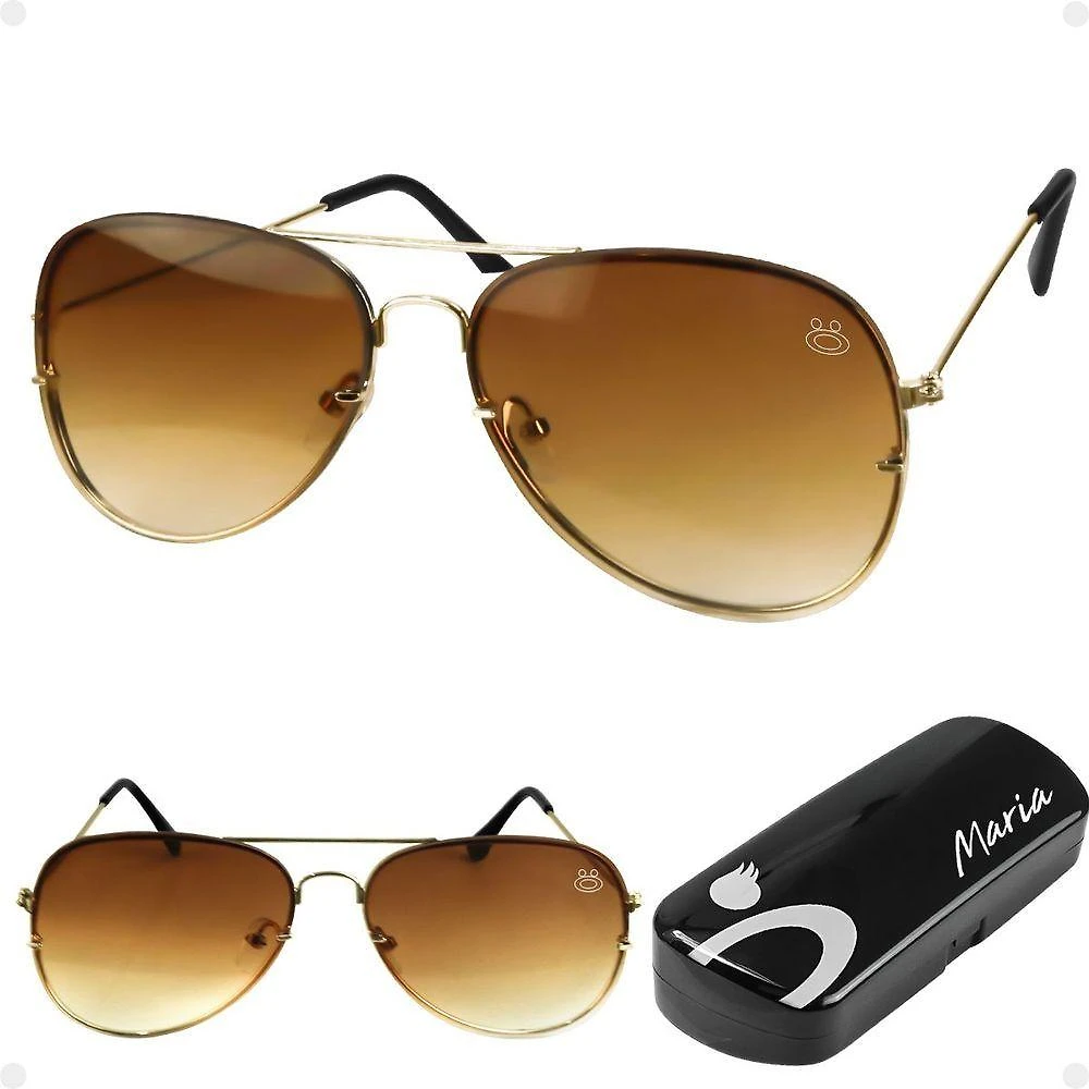 Oculos Sol Feminino Aço Inoxidavel Marrom Aviador + Case Presente Lente Marrom Armação Dourada