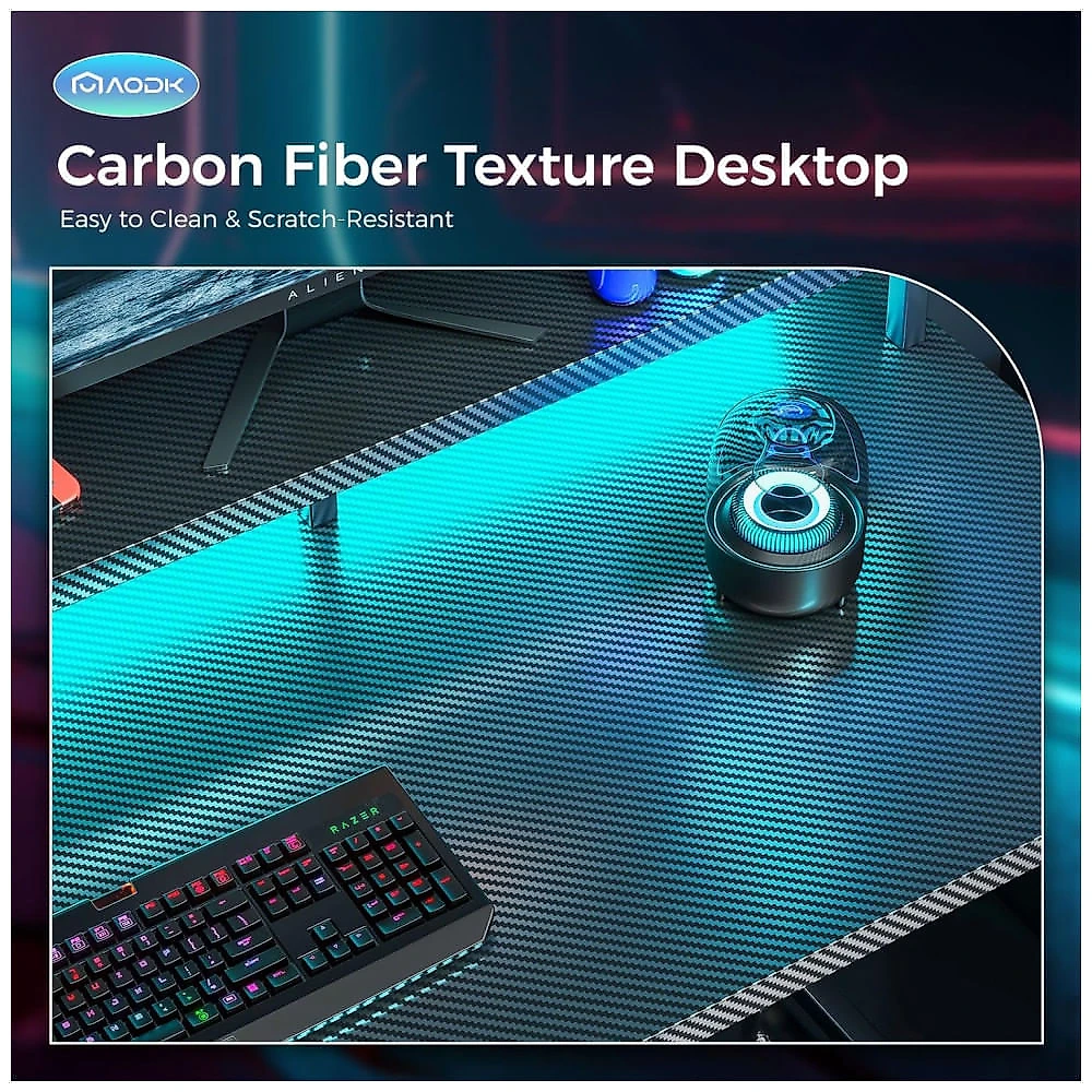 Mesa Gamer de Fibra de Carbono 56" 142 cm com Luz LED, Tomadas, Suporte para CPU, Gancho para Fone de Ouvido e Suporte para Monitor , 110V, AODK, 110v