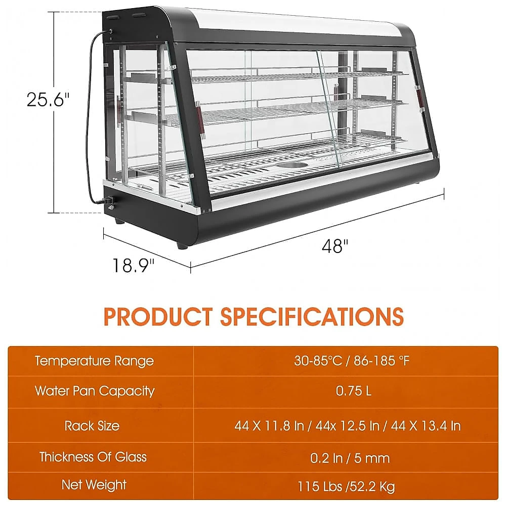 Aquecedor de Alimentos 3 Andares Whalefall Preto Aquecimento 3D Portas de Vidro Deslizantes 122 cm 2000W para Buffet e Restaurantes