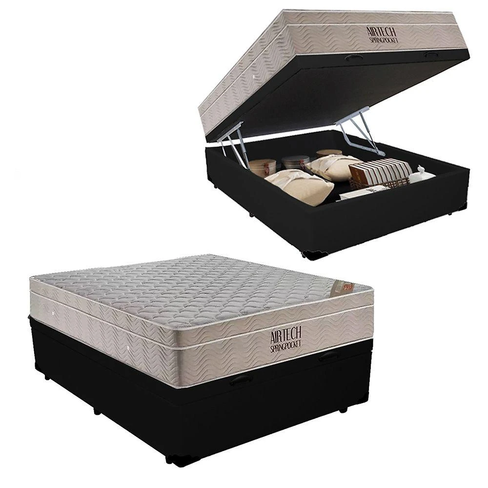 Cama Baú Casal Sintético + Colchão Casal Ortobom Airtech Molas Springpocket (65x138x188) Preto