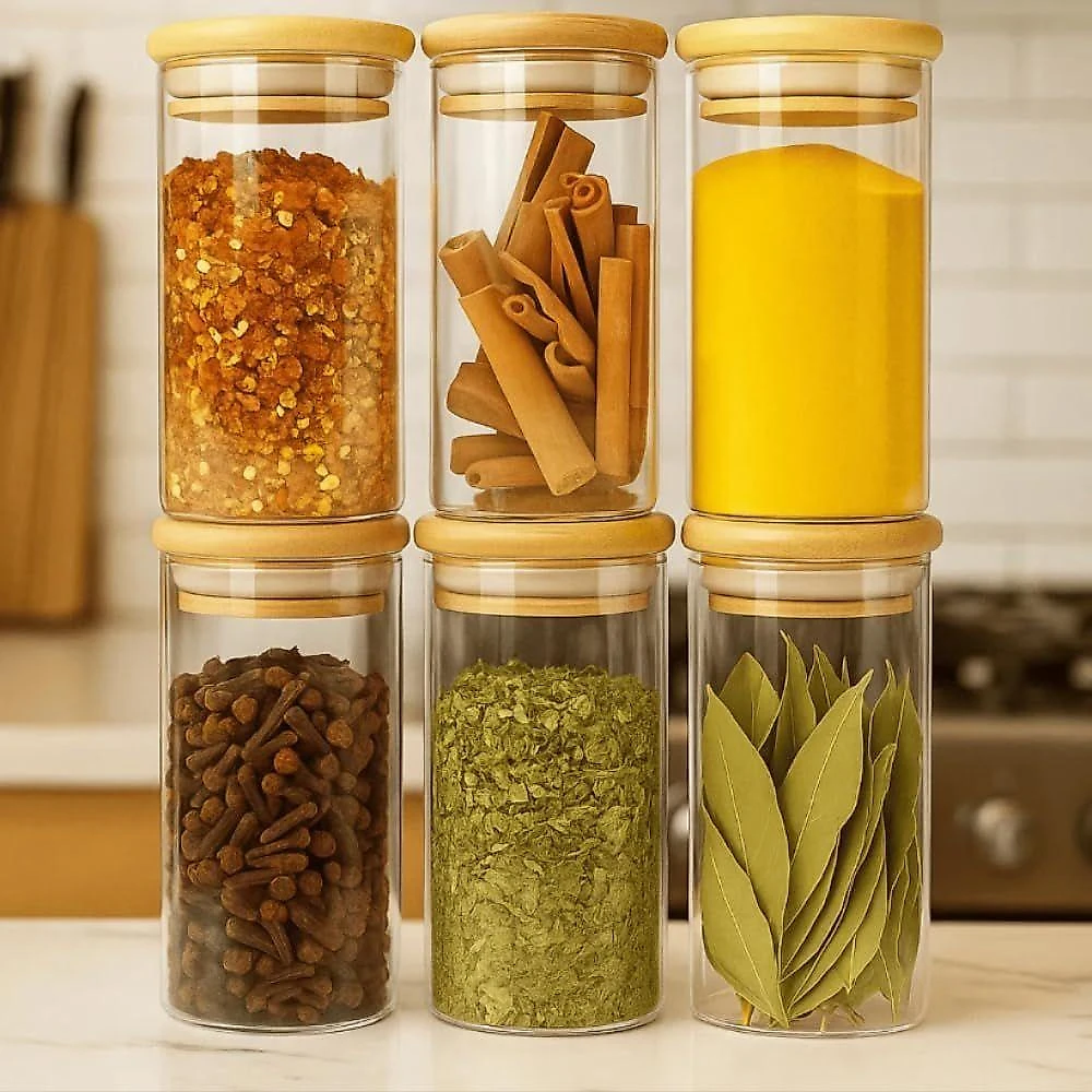 Kit 6 Potes Herméticos de Vidro 300ML Tampa de Bambu para Cozinha