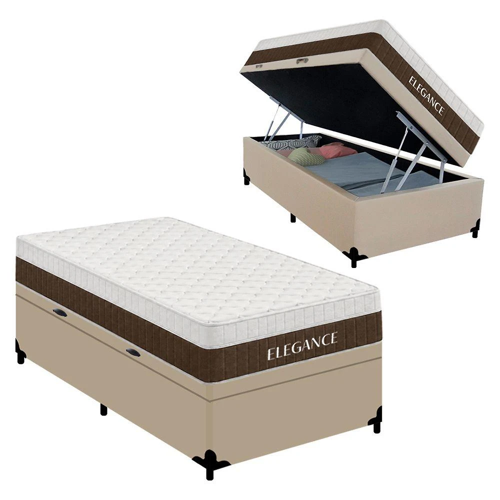 Cama Box com Baú Solteiro Elegance Pillow Top Molas Ensacadas Tecido Off White Royal