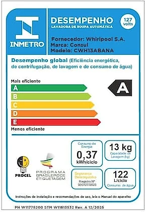 Máquina de Lavar Consul CWH13AB 13kg Dosagem Econômica Ciclo Praia Ciclo Edredom Branca 110V