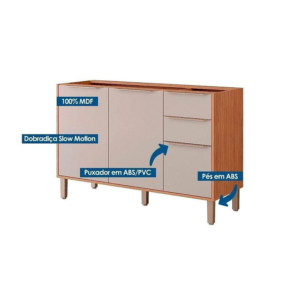 Balcão Cozinha Brilhante 3 Portas 2 Gavetas MDF 120CM Cinamomo-Titanium MGM