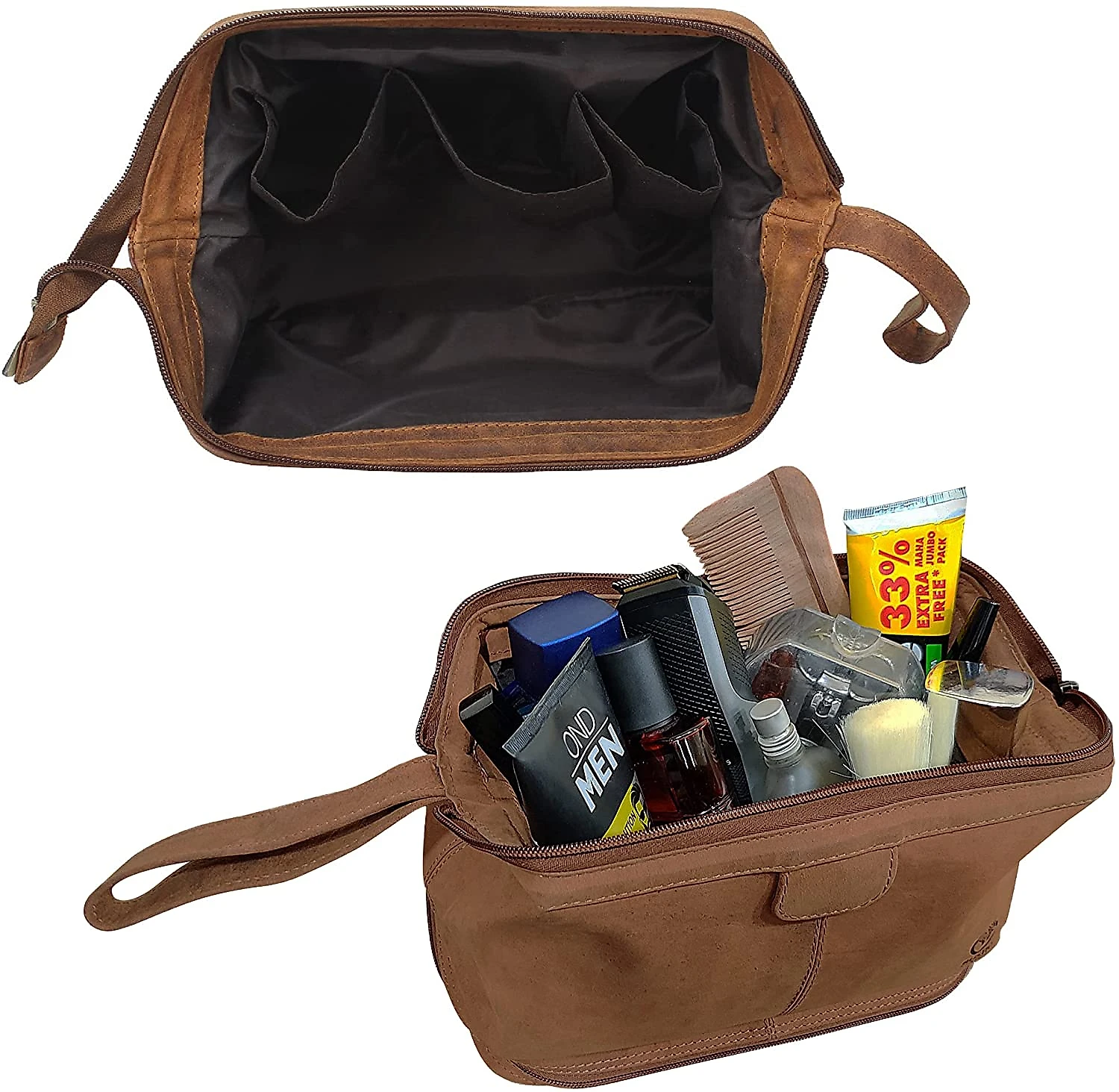 Rustic Town Necessaire Masculina Vintage de Couro Genuino com Forro à Prova dÁgua Marrom