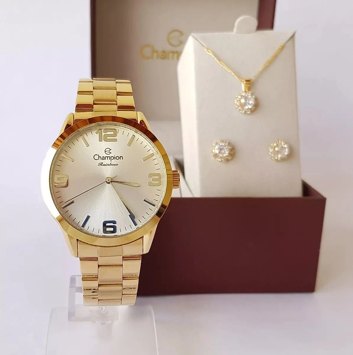 Relógio Champion Feminino Dourado Prova D´Agua + Kit de Brincos e Colar Garantia De Um Ano