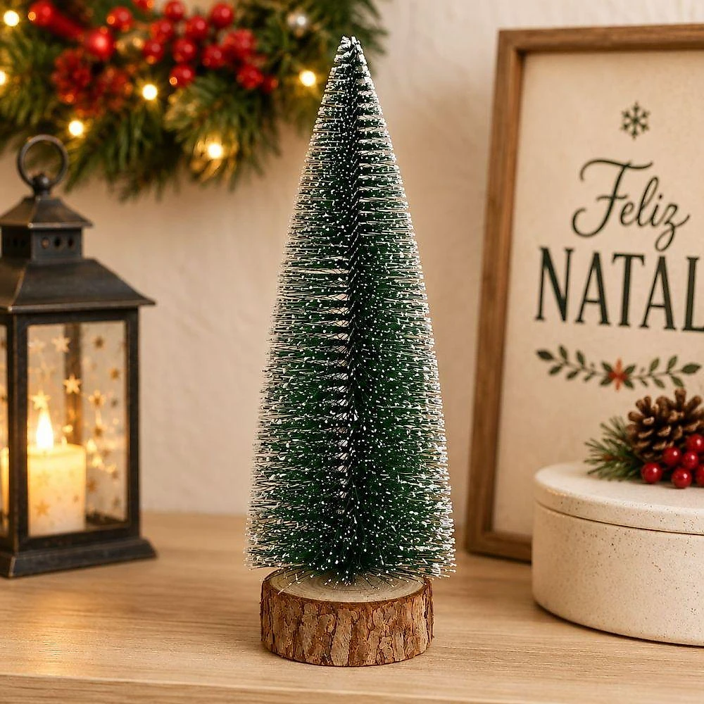 Pinheiro Decorativo Natalino Nevado com Base em Tronco Verde Bela Flor 32CM