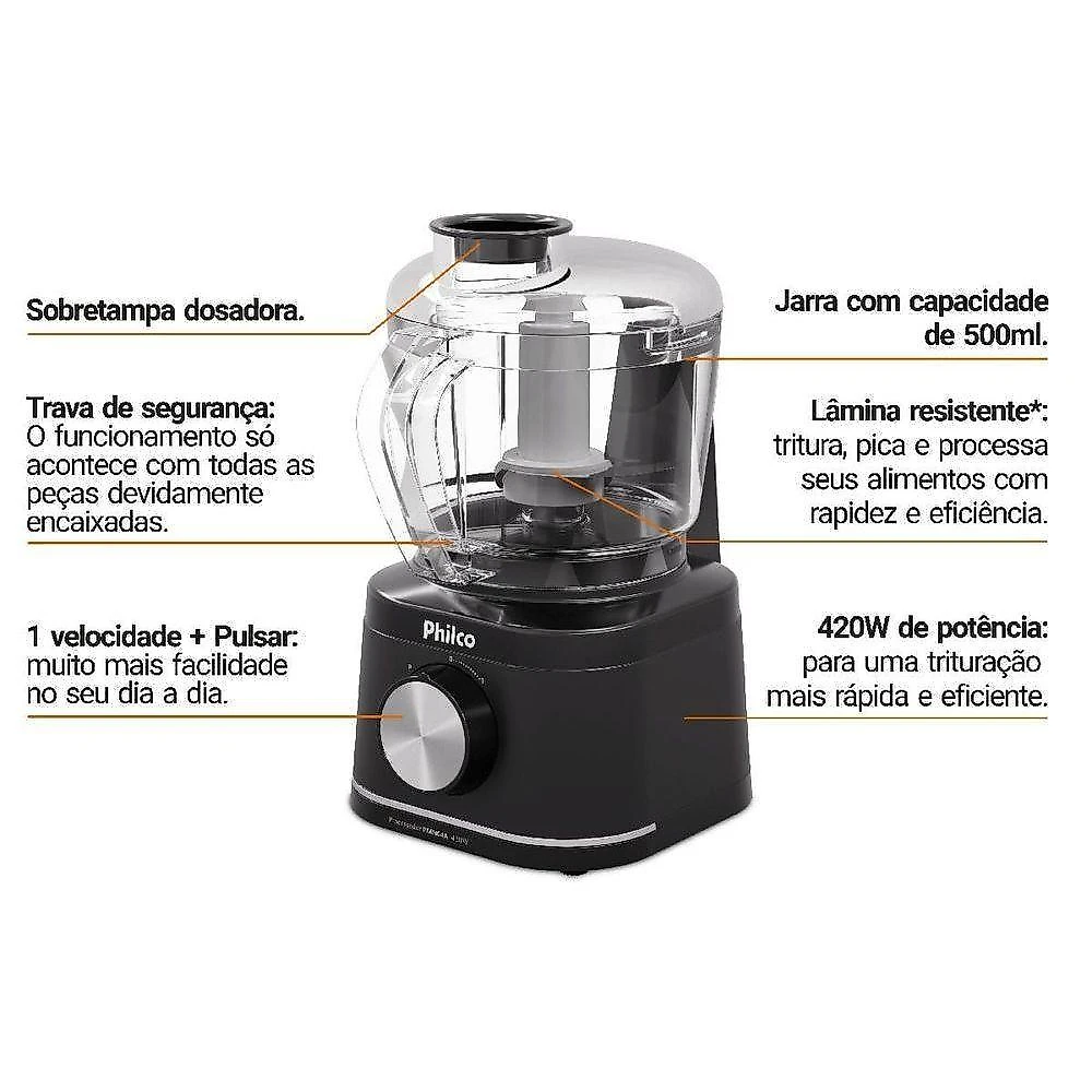 Processador de alimentos philco pmn04a 1 velocidade 420w com função pulso 110v