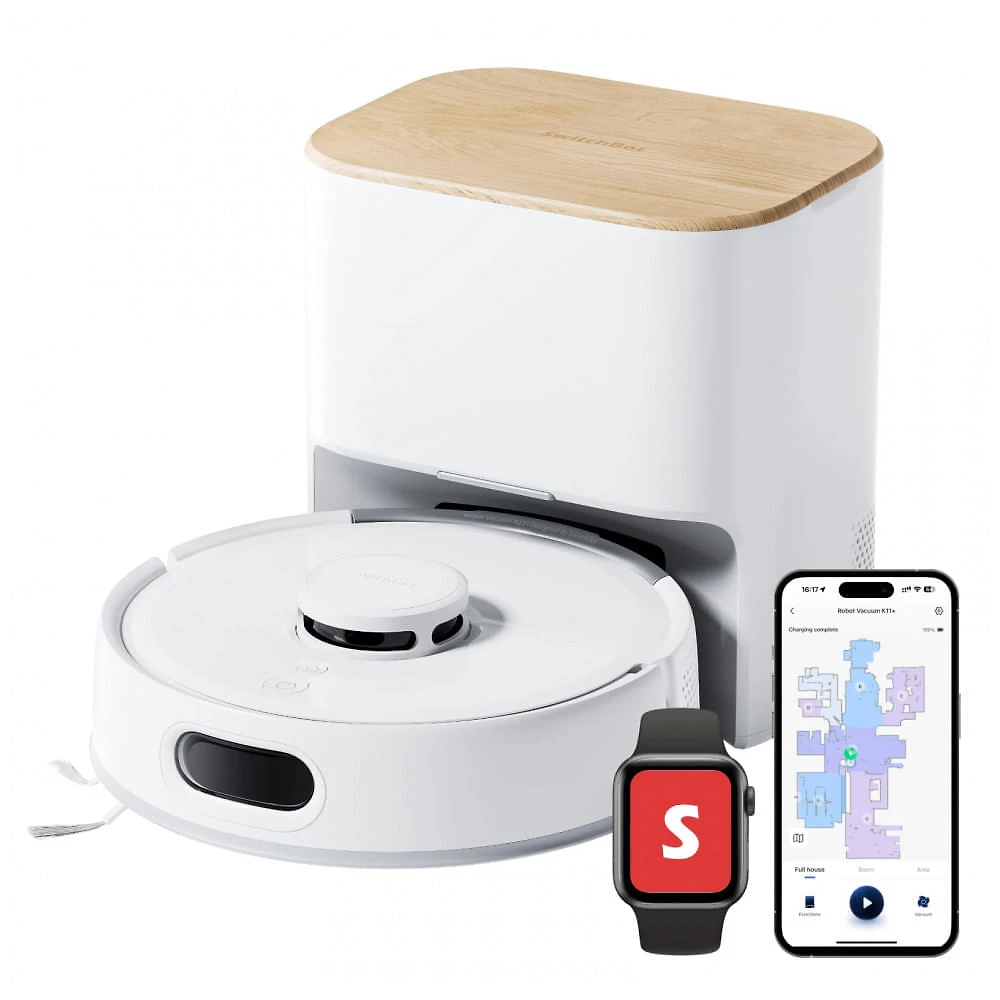 Robô Aspirador SwitchBot K11+ com Esvazio Automático 6000Pa Navegação Laser Ultra Fino 9,1cm Branco