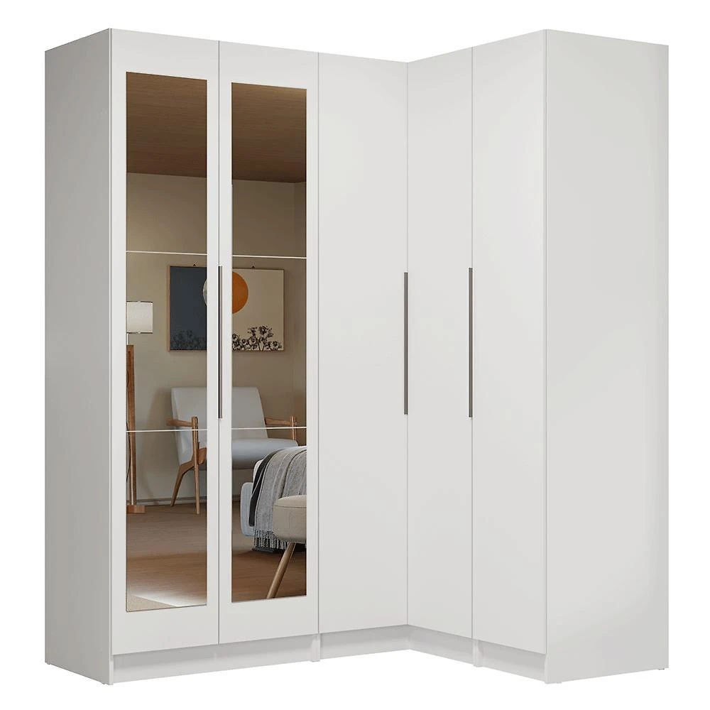 Guarda-roupa modulado de canto 310 cm 5 portas com espelhos 2 gavetas branco neo madesa 03